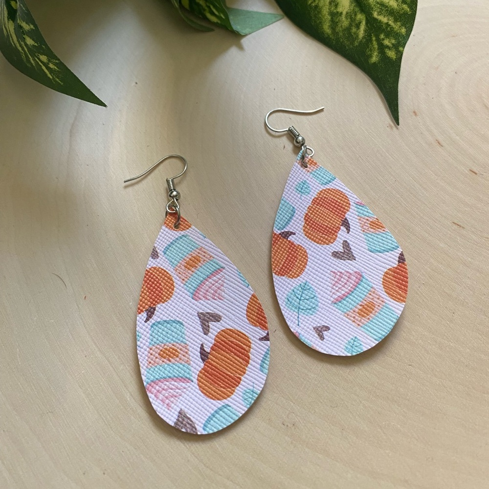 Pink Pumpkin Spice Latte Fall Inspired Dangly Teardrop Earrings